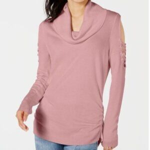 VALENTINES DAY Cowl Neck Cold Shoulder SWEATER NEW Rose Pink Ruched Laced macys